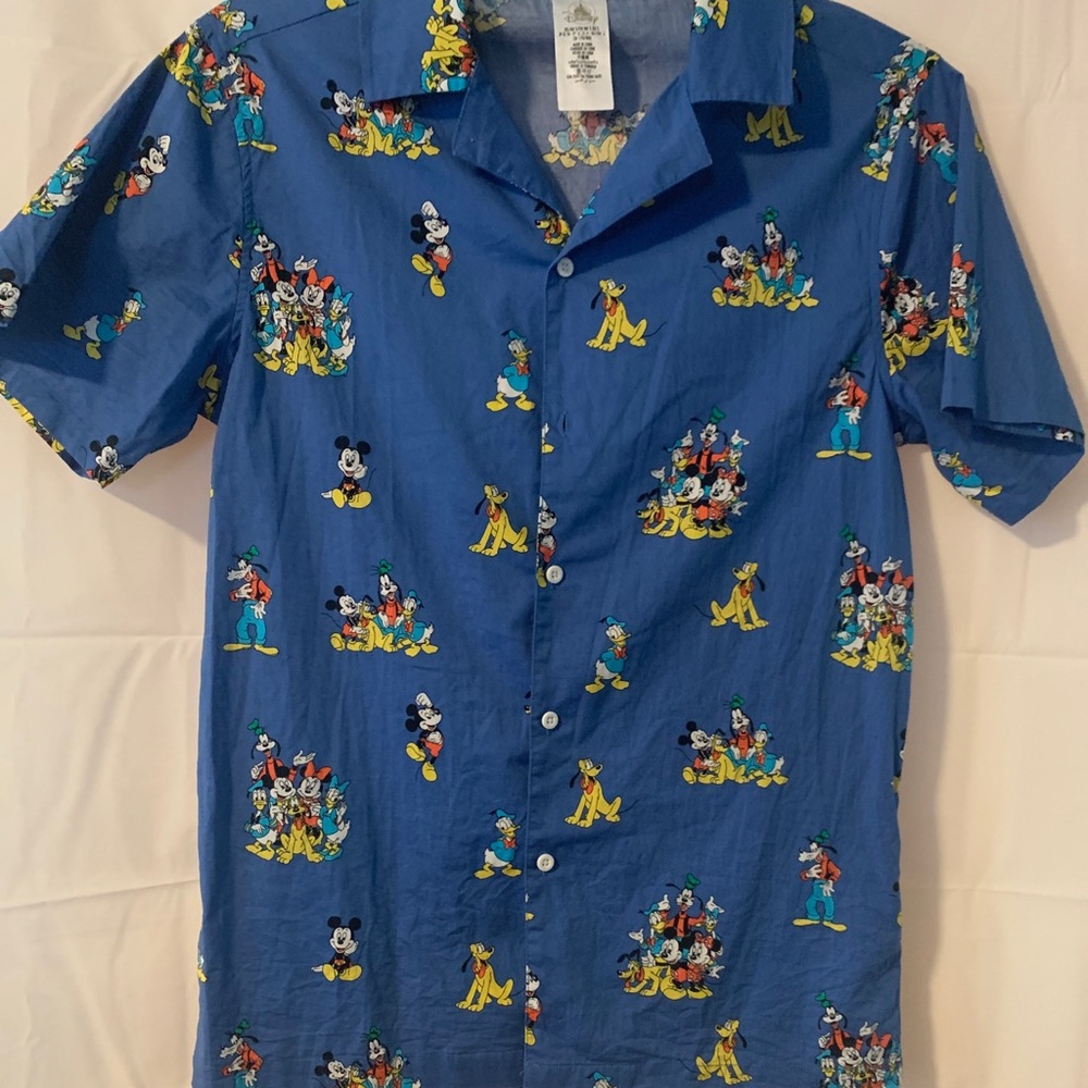 Disney Men's Small Mickey Mouse & Friends Blue Character All Over Print Shirt